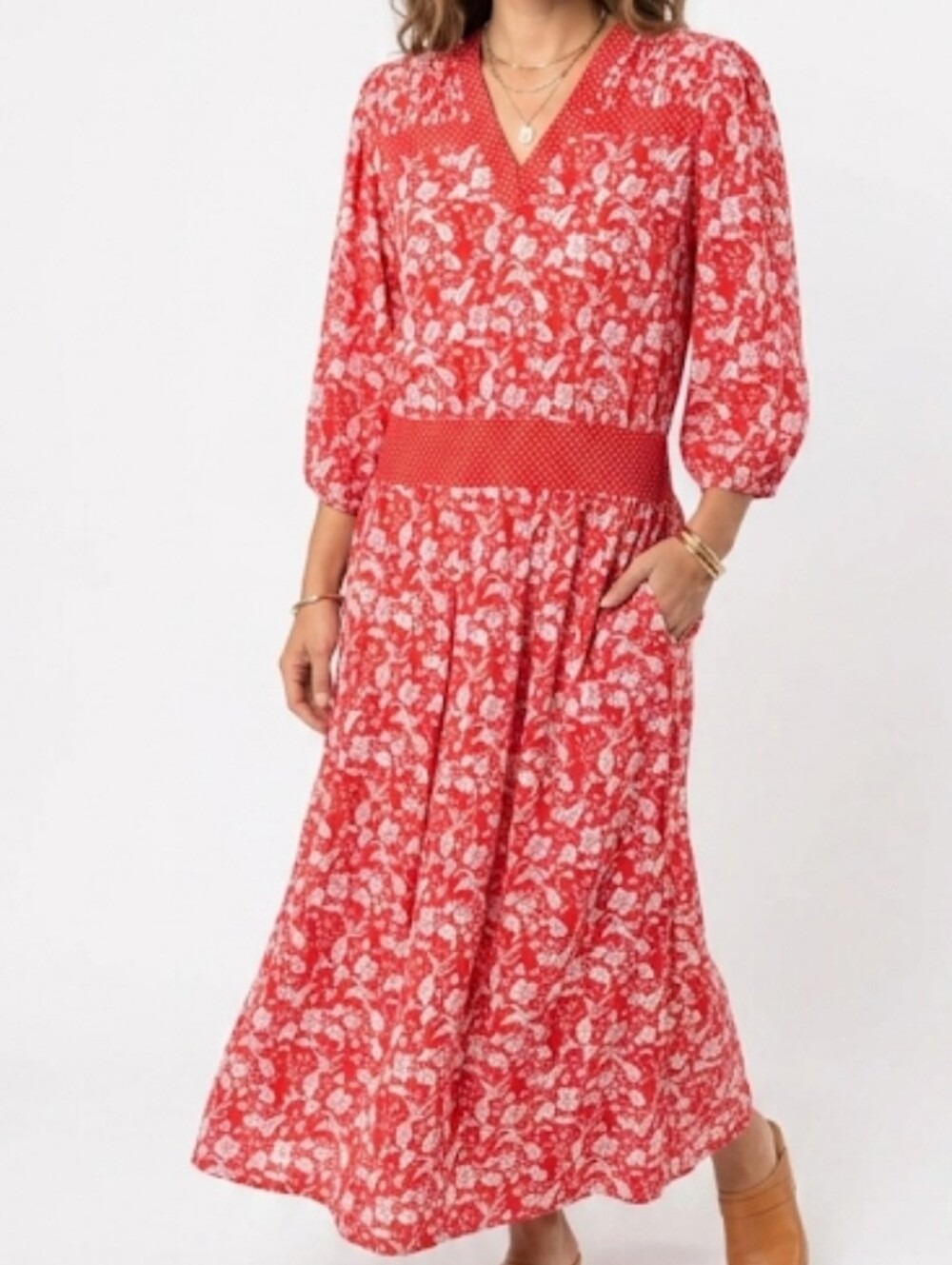 Vintage 80's Diane Freis Boho Red & White Balloon 3/4 Sleeve Maxi Dress